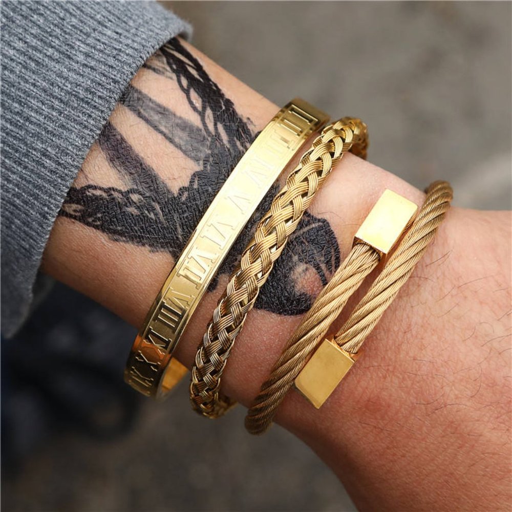 3 Piece Royal Roman Bracelets Bangles Adjustable Gold Square - Picture 2 of 14